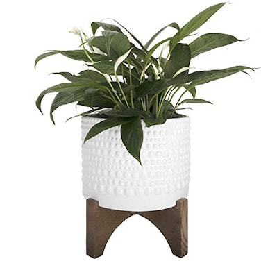 LA JOLIE LA Jolie Muse Ceramic Planter with Wood Stand 8 Inch White Cylinder Embossed Hobnail Patterned Flower Plant Pot Indoor