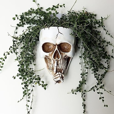 Dolkgy Skull Wall Planter for Indoor Outdoor Plants Hanging Skull Vase Unique Face Flower Pot Head Planters White Resin Skeleton Gothic Planter for Home Decorations