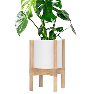 D'vine Dev Dvine Dev Planter Pot with Stand 8 Inch Plastic Cylinder Flower Pot with Wood Planter Holder for Indoor Matte White Pot Natural Stand 55CJ1