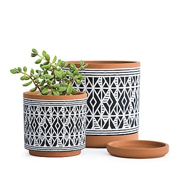 D'vine Dev Dvine Dev Set of 2 Terracotta Pots Diamond Pattern Planter Pot 4 Inch and 6 Inch Pot with Drainage Hole and Saucer TerracottaBlack 31958G2