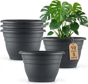 RooTrimmer 5 Pack 10 Inch Plant Pots for Indoor OutdoorPlastic Floor Planters with Drainage HolesLightweight Flower Pots for HomePatio GardenGrey