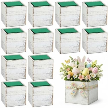 Dandat 12 Sets 4 Inch Wooden Cube Planter Boxes for Centerpiece Flower White Wood Rustic Square Vase with Removable Plastic Liner Floral Foam Block for Garden Wedding Home Arrangement Decor