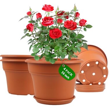 Pottiffe 16 inch PlasticFlowerPotforIndoorPlants 4 Pack Large Outdoor Planter Pot with Drainage Holes Saucers Resin Decorative Garden Pots Planters