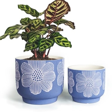 YBX YIBOXUAN YBX 8 Inch 6 Inch White Flower Pattern Plant Pots Sand Glazed Ceramic Planter with Drainage Hole Flower Pots for Indoor Plants Blue
