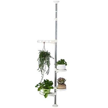 BAOYOUNI Indoor Plant Pole Stand Tension Rod Hanger Window Sill Flower Display Rack Holder Adjustable Corner Vertical Storage Organizer with 3 Trays 1 Arm for Counter Top Ivory