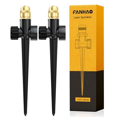 FANHAO Metal Lawn Sprinkler for Yard 2 Pack Automatic Garden Water Sprinkler on Spike Base Adjustable Brass Sprinkler Nozzle 360 Degree Large Area Coverage for Lawn Grass Patio Garden Irrigation