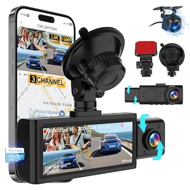 Milerong 3 Channel 4K Dash Cam Front Rear and Inside with 5G WiFi APP Control 4K25K1080P1080P Dashcam for Car Dash Camera with 64GB Card 24H Parking Monitor Night Vision Loop Recording GSensor