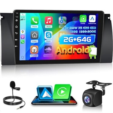 EKAT 264G Car Stereo for BMW X5 E39 E53 19982006 Wireless Carplay Android Auto 9 Inch Android Touch Screen Radio with EQ DSP GPS WiFi SWC AHD Backup Camera MIC