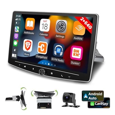 EKAT 2G64G 10 inch Android 13 Single Din Touch Screen Car Stereo Rotatable Carplay Radio with WiredWireless Carplay Android Auto HiFiBluetoothSWCGPSAHD Backup Camera