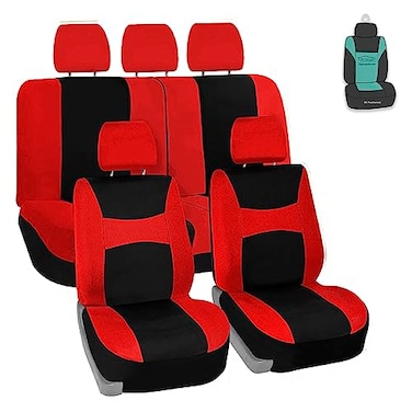 FH Group Universal Car Seat Covers Full Set for SUV Truck Sedan Vans Waterproof AllPurpose Cloth Seat Cover Set Airbag Compatible Washable Split Bench Protector Interior Upgrade Red