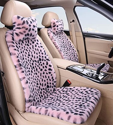 seemehappy Fluffy Leopard Seat Covers for Cars Front Seat Covers Carseat Front Two Seat Protectors with 2 Neck Pillows for Truck SUV AutoPink LeopardFront 6 PCS