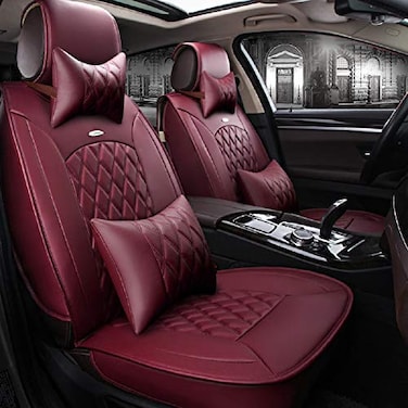 Jiujiuyouchuang Skysep Red Wine Full Set Universal Fit 5 Seats Car Surrounded Solid Color Waterproof Leather Car Seat Covers Protector Adjustable Removable Auto Seat Cushions with 2 Waist Pillows 2 He
