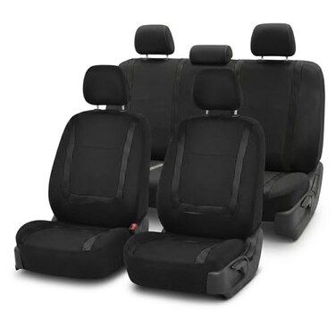 FH Group Car Seat Covers Unique Flat Cloth Full Set Automotive Seat Covers Front Set and Rear Solid Bench Black Seat Covers w Gift Universal Fit Interior Accessories for Cars Trucks and SUVs