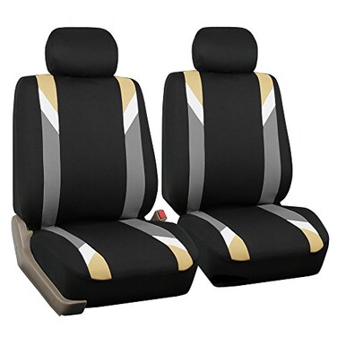 FH Group Front Set Cloth Car Seat Covers for Low Back Car Seats with Removable Headrest Universal Fit Airbag Compatible Seat Cover for SUV Sedan Van Beige