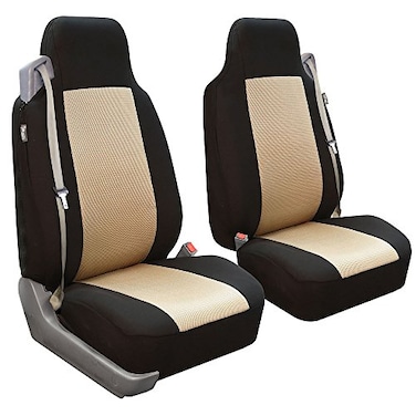 FH Group Universal Car Seat Covers Front Set High Back for SUV Truck Sedan Vans Zipper Designed Builtin Seatbelt Washable Cloth Seat Cover Set High Back Front Protector Interior Upgrade Beige