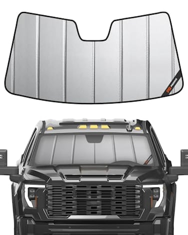 Pigenius Windshield Sun Shade for Chevy Silverado GMC Sierra 150025003500 20192026 WT Custom Pro Trims Fits All Trims 20192021 NonHUD Models Only Premium Grey Leather Finish