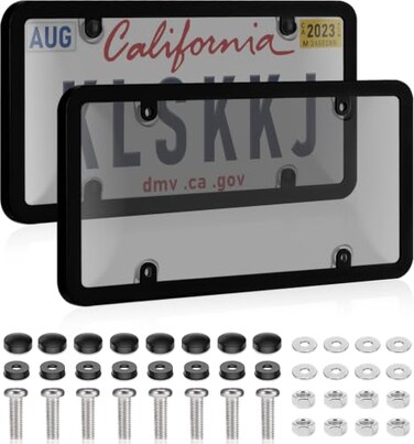 KLSKKJ 2 Pack Clear License Plate Covers and Frames License Plate Protector Unbreakable License Plate Shields Tag Holder Fits Standard US Plates with Screws Caps Gray