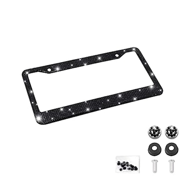 YALOK Bling Car License Plate Frame Handcrafted Crystal Stainless Steel License Plate Frame Sparkly Durable Universal Fit Car Accessories for Girls Women Black