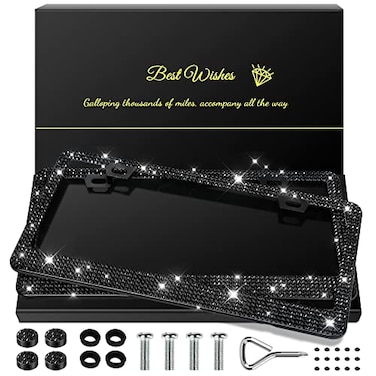 QUANQIUFEI 2 Pack Bling License Plate Frames for Women Sparkly Rhinestone Diamond Car Accessories with Glitter Crystal Caps Black