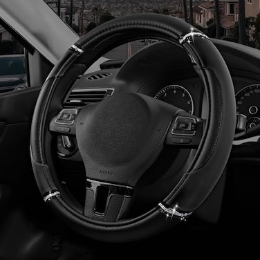 Road Comforts Leather Steering Wheel Cover Made with PVC Leather AntiSlip Universal Fit 14 12 inches to 15 inches Black