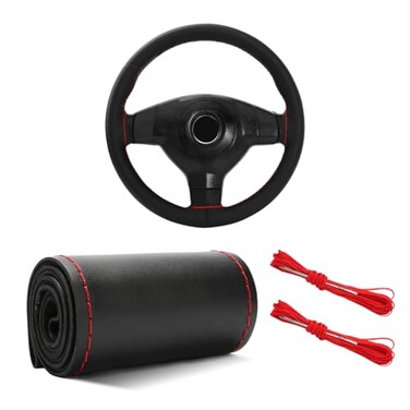 Yourkar Leather Steering Wheel Cover 1515 Breathable Steering Wheel Cover DIY Kit with Needle Thread NonSlip Leather Stitch on Wrap Steering Wheel Protector Car Accessories Black Red