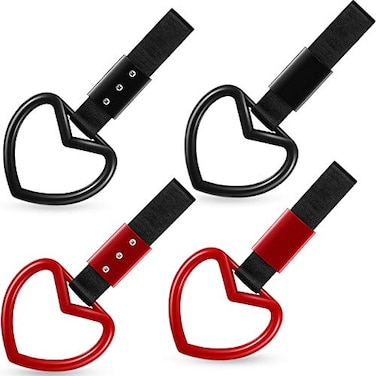 Frienda 4 Pieces JDM Heart Shaped Car Handle Straps Drift Charm Rear Bumper Warning Ring Decor Subway Bus Broken Heart Handle for Car Interior Black and RedBlack Red