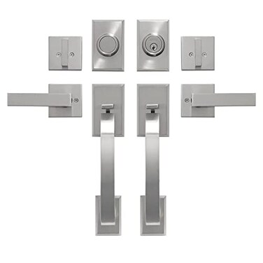 GUA OYH Double Front Door Handle Set with Heavy Duty Lock Satin Nickel Finish Suitable for Front or Office Door