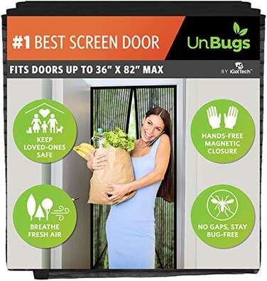 iGotTech UnBugs Magnetic Screen Door Fits Doors up to 36 x 82 Inches MAX Pet Kid Friendly SelfClosing Hands Free Magnet Closure Keeps Bugs Out Breeze in