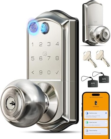 Veise VE018 Smart Knob Handle Lock Fingerprint App Control Keyless Entry for Front Door and Bedroom Electronic Digital Keypad Auto Lock Remote Access Sharing Easy Installation Satin Nickel