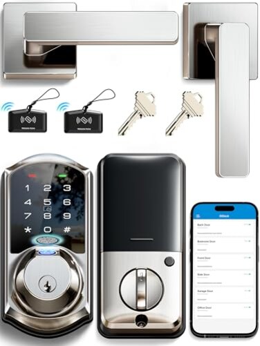 Veise VE07L Fingerprint App Control Smart Locks with HeavyDuty Zinc Alloy Handles Keyless Entry for Front Door Digital Electronic Touchscreen Auto Lock Waterproof Easy Install Satin Nickel