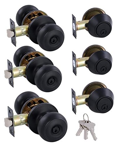 GITRANG 3 Pack All Keyed Identical Deadbolt Door knob Single Cylinder Deadbolt Lock Combo Set Classic Matte Black Exterior Door Knobs with Deadbolt Entrance and Front Door Lock