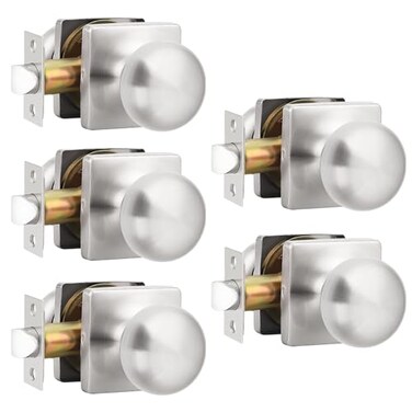 GOBEKOR 5 Pack Passage Door Knobs for Closet Door Knobs Interior Brushed Nickel Square Keyless Door Knob with Lock Round Passage Knob