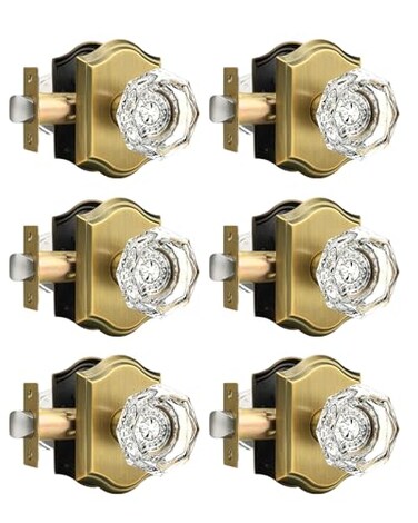 Gobrico Heavy Duty Crystal Glass Door Knobs 6 PackPassage Function for Interior RoomKeyless Snowflake Crystal Door Handles for Hall Closet PantryAntique Brass Finish