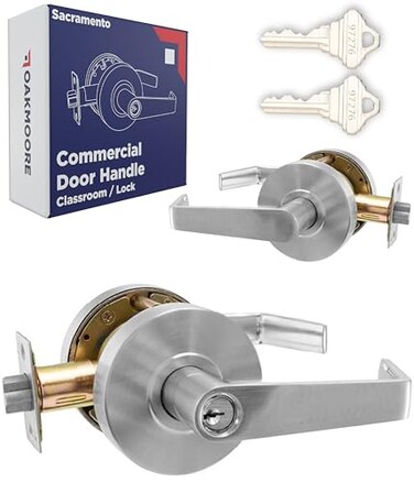 OAKMOORE Heavy Duty Commercial Door Handle Classroom Lock Function Grade 2 Classroom Door Locks Keyed for Schools Colleges Commercial Door Knob Nickel Finish Lockset C UL ADA ANSI A1562