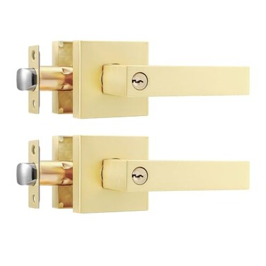 Leydebong 2 Pack Gold Door Lock with Keys Keyed Different Door Knobs Gold Door Handles with Lock and Key Satin Brass Door Knob Exterior Reversible for Right Left Side
