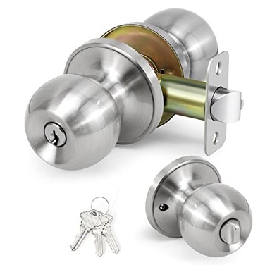 LOQRON Ball Door Knob Entry Function Keyed Entry Door Knob with Lock Round Ball Handle for Front Door Right and Left Side Satin Nickel1Pack