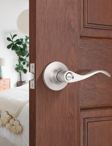 Mengico 1 Pack Satin Nickel Privacy Door Lever Modern Interior Door Knobs Locks for Bedroom and Bathroom Heavy Duty Door Handle Reversible Wave Lever Handle