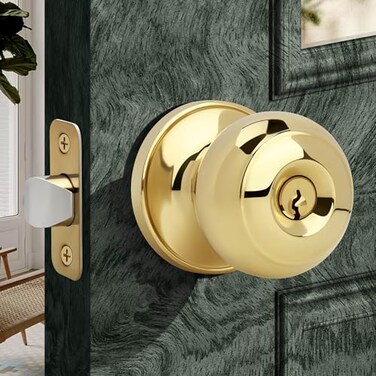 Moquin Gold Keyed Entry Door Knob with Lock and Key Interior and Exterior Locking Flat Ball Knob for Front Door or Bedroom Polished Brass