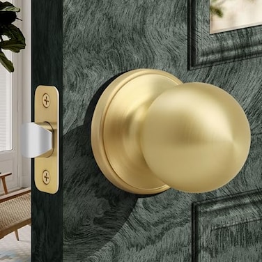 Moquin Gold Passage Door Knob Without Lock or Key NonLocking Interior Round Ball Door Knob for Hallway or Closet Satin Brass