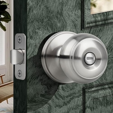 Moquin Privacy Door Knob with Lock Keyless Interior Flat Ball Door Knob for Bathroom or Closet Satin Nickel
