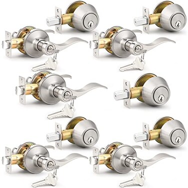 Probrico 5 SetsKeyed Alike Entry Door Levers with Single Cylinder Deadbolts Keyed Handleset for Front Door Exterior and Interior Hardware Entry Lockset Lever Set Satin Nickel Contractor Pack