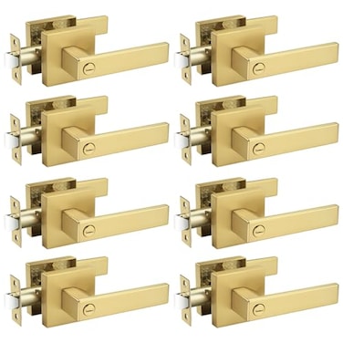 Probrico 8 Pack Gold Privacy Door HandlesHeavy Duty Satin Brass Door Knobs with Lock for Bedroom and BathroomSquare Interior Keyless Locksets