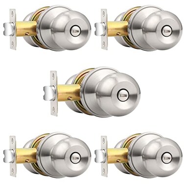 Probrico Brushed Nickel Doorknob Round Ball Privacy Knobs Interior Keyless Door Locksets for Bed and Bath 5 Pack