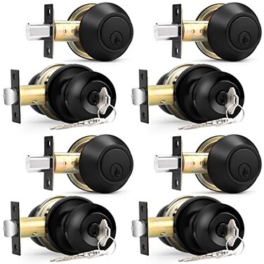 Probrico Flat Black Entry Door Knobs and Single Cylinder Deadbolt Lock Combo Set Exterior Lockset Keyed Alike Set of 4