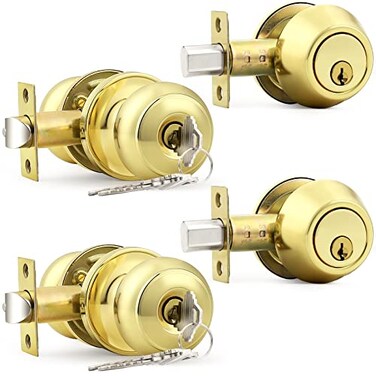 Probrico Keyed Entry Door Knobs Exterior Lockset and Single Cylinder Deadbolt Combination Set for Front Door Polished Brass 2 Pack Keyed Alike