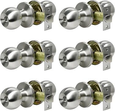 SUNTAI 6 Pack Privacy Door Knobs Satin Nickel Round Doorknobs InteriorExterior Lockset Keyless Door Handle with Lock for BedroomsBathrooms