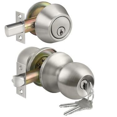 BESTTEN Keyed Same Exterior Door Knob and Single Cylinder Deadbolt Combo Set Keyed Alike Entry Door Knobs with Lock and Keys for Entrance and Front Door Satin Nickel