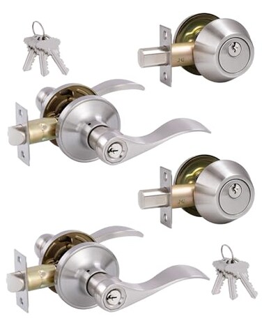 GITRANG 2 Pack Keyed Alike Front Door Lever Lockset with Single Cylinder Deadbolt Combination Set Wave Style Lever Front DoorExterior Door Knob with Lock and Deadbolt Satin Nickel Finished