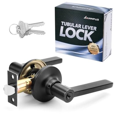 ANNFUZ Entry Door Handle Lock with KeysReversible for Right Left SideNot Keyed Alike Lever Lock SetTurnThumb LockingPerfect for OfficeInterior Exterior Front DoorBedroomMatte Black