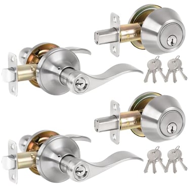 HOSOM 2 Pack Keyed Alike Front Door Lever Lockset with Single Cylinder Deadbolt Front Door Locksets with Wave Style Lever Front DoorExterior Door Knob with Lock and Deadbolt Satin Nickel